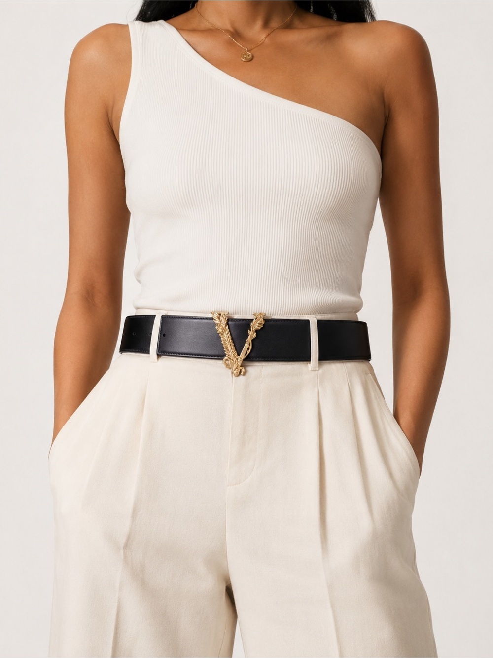 Versace Virtus Black Leather Belt with Gold Buckle